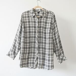 Talbots 1X Plaid Button Up Tunic Legnth Shirt Back Button Details